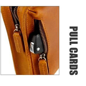 Macro view of genuine cowhide leather bag with zipper pocket and neat yellow stitching