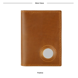 Detail of brown leather passport holder featuring a built-in AirTag slot and orange stitching