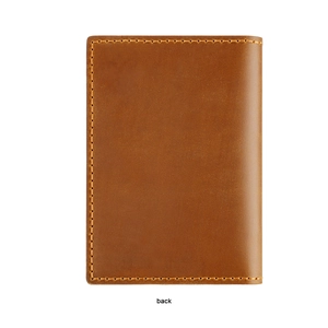 Detailed back view of brown leather passport holder with neat orange stitching