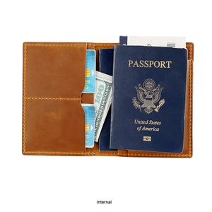 Interior layout of leather passport holder with card slots and money compartment