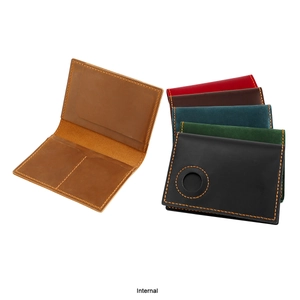Macro detail of genuine leather wallet with dedicated AirTag slot and card holders