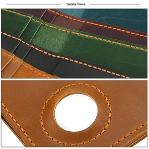 Macro detail of genuine leather passport holder with precise stitching and AirTag slot