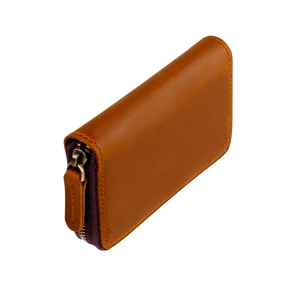 Classic brown genuine leather zipper key case with card holder and compact wallet design