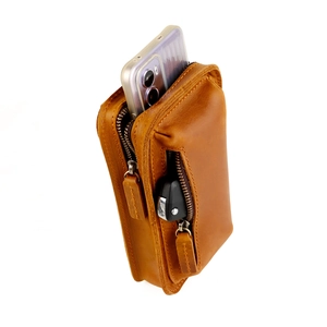 Crazy horse leather belt pouch with double zipper compartments for phone and keys