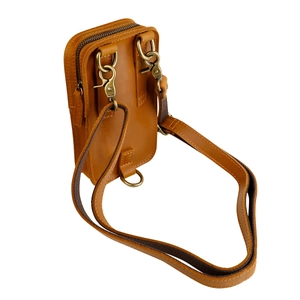 Vintage brown genuine leather phone bag with brass hardware and adjustable shoulder strap
