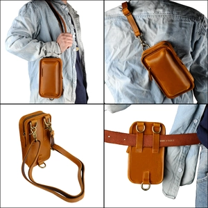 Retro crazy horse leather mobile phone crossbody bag with belt loop and bronze metal hardware
