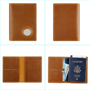 Brown leather passport holder with AirTag slot, card slots and cash pocket on white background