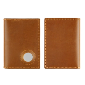 Brown leather passport holder with AirTag tracking slot and detailed yellow stitching