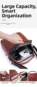Macro view of brown lychee grain leather crossbody bag with multi-compartment storage