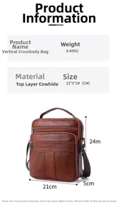 Vertical crossbody bag dimensions 21x5x24cm shown in brown top grain cowhide leather