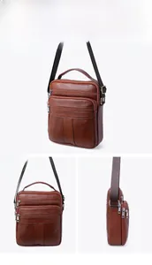 Detail views of dark brown lychee grain leather crossbody bag with multiple zip pockets