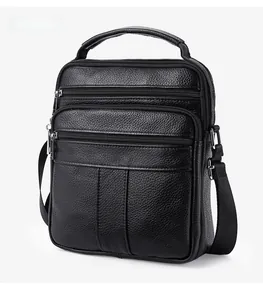 Detail view of premium leather crossbody bag showing three zippers and lychee texture
