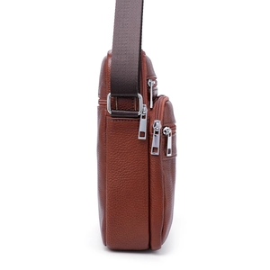 Men's genuine leather crossbody bag with three zipper compartments in brown lychee texture