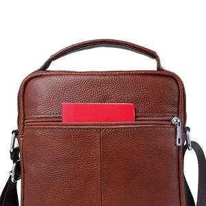 Men's brown litchi grain cowhide crossbody bag with large capacity and metal zipper
