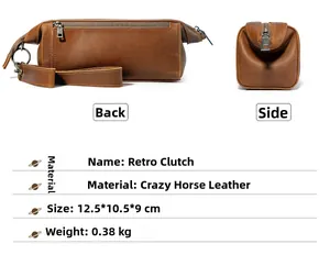 Achter- en zijaanzicht van crazy horse lederen clutch met handvat en metalen accenten