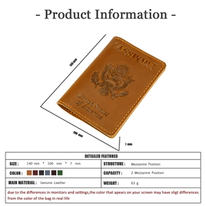 Brown genuine leather US passport holder with size dimensions and internal structure details