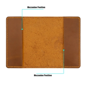 Detailed view of brown leather passport wallet with mezzanine slots and yellow stitching