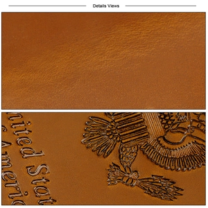 Detail view of premium brown leather with embossed United States of America eagle crest
