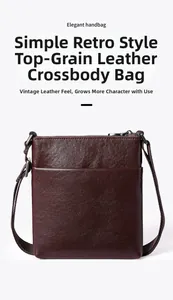 Detailed view of brown vegetable tanned leather cross-body bag with litchi grain texture