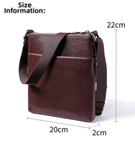 Detailed size information for men's brown crossbody bag measuring 20cm by 22cm by 2cm