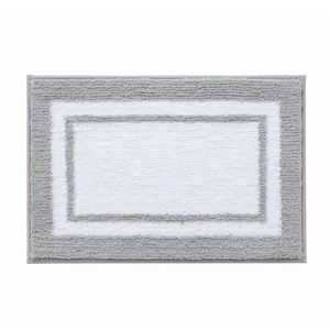 Plush minimalist gray and white border bathroom mat with soft absorbent microfiber