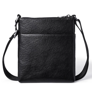 Men's black lychee leather crossbody messenger bag with adjustable strap on white background