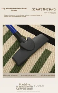 Close-up of vacuuming a striped bath mat showing machine washable and durable texture