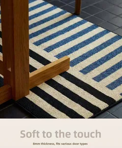 Detail of 8mm thick Nordic geometric bath mat with blue and black stripes texture