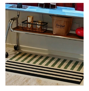Close-up of a Nordic-style striped anti-slip bathroom mat in green and black geometry
