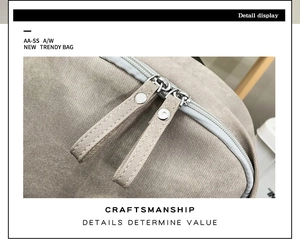 Detail view of khaki canvas backpack double zipper design with metal rivets and sturdy fabric