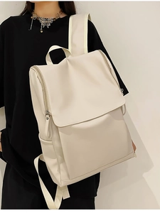 Fashionable large capacity flap backpack for women in cream white Korean minimalist style