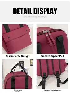 Detail display of burgundy backpack featuring smooth metal zippers and adjustable straps