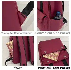 Detail view of burgundy backpack featuring reinforced stitching and multiple safety pockets