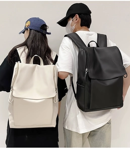 Minimalist waterproof PU leather backpacks in black and beige for commuting and students
