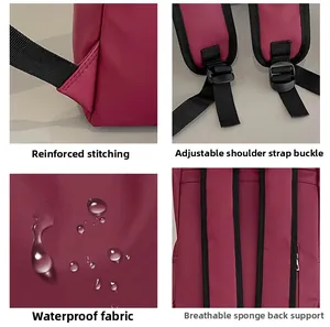 Waterproof burgundy backpack detail showing fabric droplets, reinforced seams, and breathable mesh