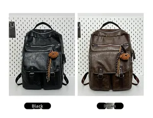 Side-by-side view of black and brown leather backpacks with cute bear charms
