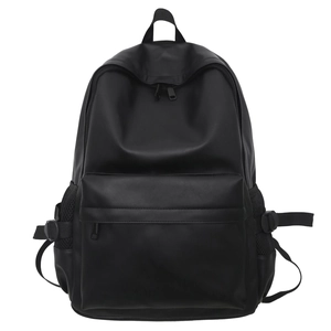Minimalist black soft leather backpack for students with large capacity and mesh pockets