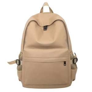 Minimalist beige soft leather backpack with zipper pockets for casual daily school commute