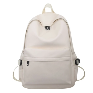 Minimalist cream soft leather backpack for students featuring side mesh pockets and buckles