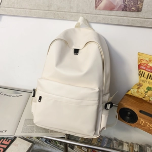 Minimalist cream white soft PU leather backpack with spacious main compartment and side mesh pocket
