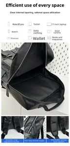 Detail view of large black backpack showing 17-inch laptop compartment and smooth zippers