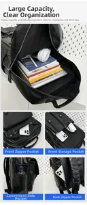 Detail view of large capacity black PU backpack with laptop compartment and multi-pockets