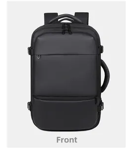 Front view of black waterproof business travel backpack with multiple hidden zipper pockets