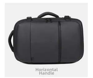 Detail of multi-functional black laptop backpack showing the horizontal carry handle design