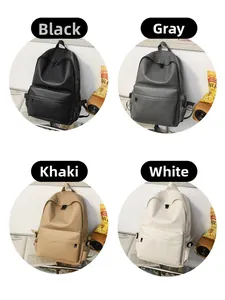 Detailed view of soft PU leather backpack in black, grey, khaki, and white colors