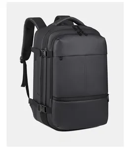 Detail of multi-compartment black business backpack with breathable mesh straps