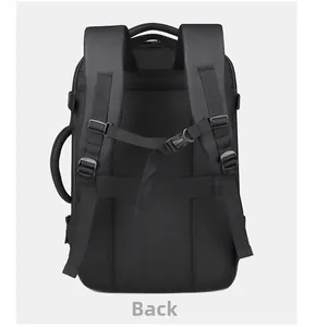 Ergonomic breathable mesh back and padded S-shape straps of a black business backpack