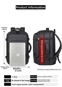 Detailed size chart for expandable waterproof travel backpack with laptop compartment
