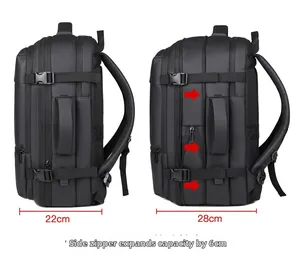 Detail of expandable black travel backpack showing depth increase from 22cm to 28cm