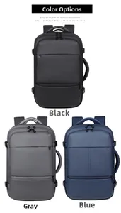 Three men's business backpacks in black, grey, and blue showing multiple compartments